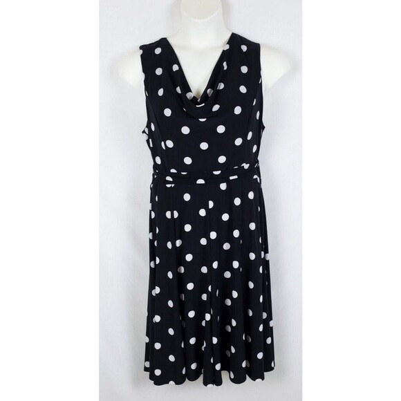 Lauren Ralph Lauren Dress Polka Dot Black Womens 14 Belted Cowl Neck Knee-Length